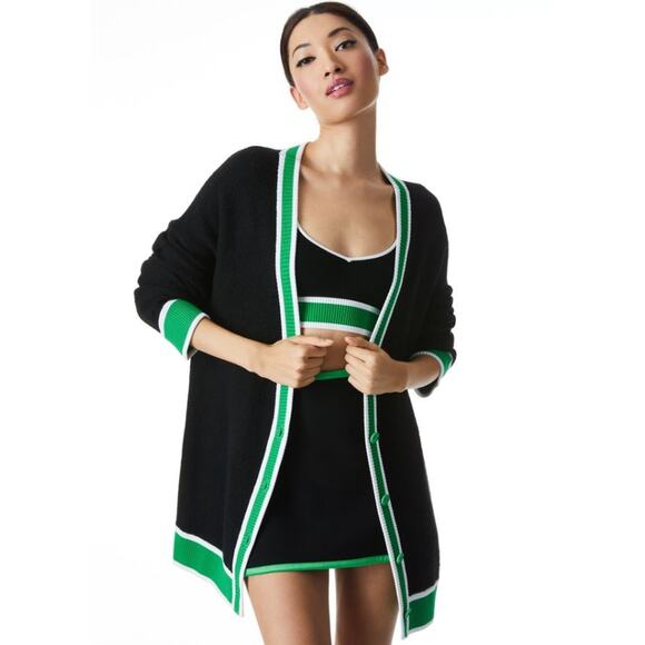 Alice Olivia Barry Oversized V-Neck Cardigan Black/Garden Green L